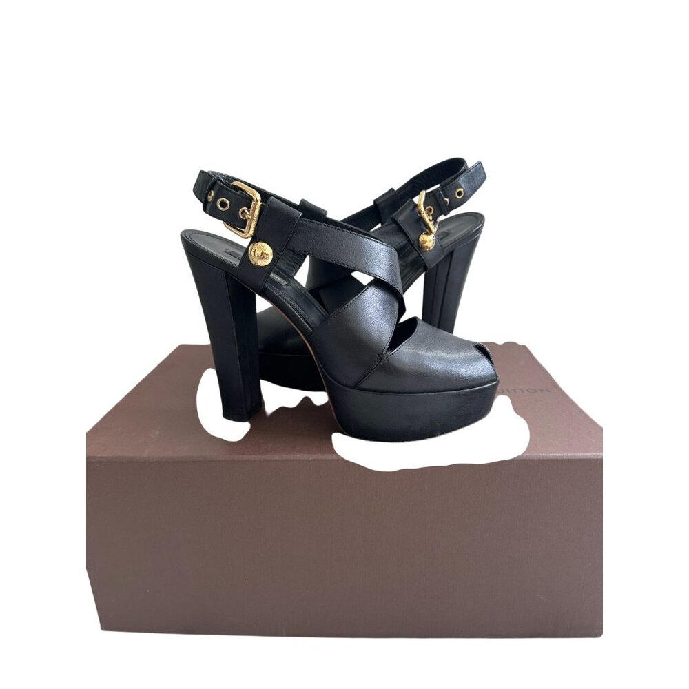 LOUIS VUITTON Wide Strappy Black Leather Platform Heels Size 37 / US 7 - Picture 5 of 12